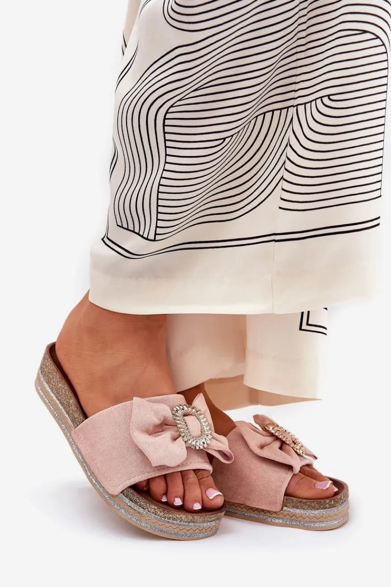 Clearance Klapki Damskie Na Platformie Z Kokardką I Ozdobną Broszką Różowe Lenela Damskie Klapki Korkowe|Klapki Na Platformie