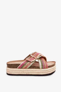 Klapki Korkowe|Klapki Na Platformie></noscript>Boto Klapki Damskie Na Platformie Z Plecionką I Złotą Klamrą Multikolor Filazzia