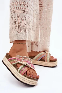 Klapki Korkowe|Klapki Na Platformie></noscript>Boto Klapki Damskie Na Platformie Z Plecionką I Złotą Klamrą Multikolor Filazzia