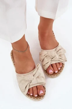 Discount Boto Klapki Damskie Na Platformie Z Plecionką I Kokardką Beżowe Alpireda Beżowy