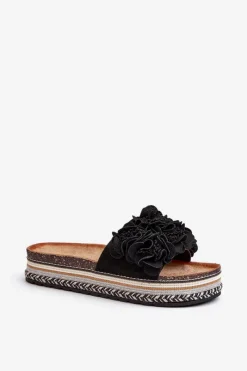 Hot Klapki Damskie Na Platformie Ozdobione Kwiatkami Czarne Nodina Damskie Klapki Korkowe|Klapki Damskie Klasyczne
