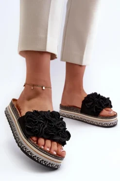 Hot Klapki Damskie Na Platformie Ozdobione Kwiatkami Czarne Nodina Damskie Klapki Korkowe|Klapki Damskie Klasyczne