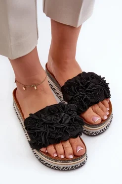 Hot Klapki Damskie Na Platformie Ozdobione Kwiatkami Czarne Nodina Damskie Klapki Korkowe|Klapki Damskie Klasyczne