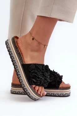 Hot Klapki Damskie Na Platformie Ozdobione Kwiatkami Czarne Nodina Damskie Klapki Korkowe|Klapki Damskie Klasyczne