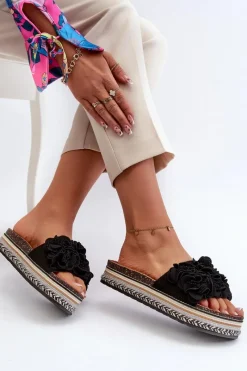Hot Klapki Damskie Na Platformie Ozdobione Kwiatkami Czarne Nodina Damskie Klapki Korkowe|Klapki Damskie Klasyczne