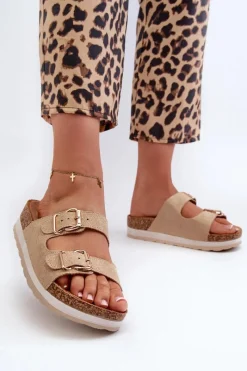 Best Evento Klapki Damskie Na Platformie Z Klamrami Eko Zamszowe Beżowe Ursila