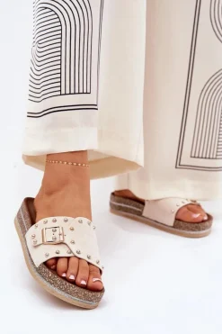 Online Boto Klapki Damskie Na Platformie Z Klamrą I Ćwiekami Beżowe Nusithia