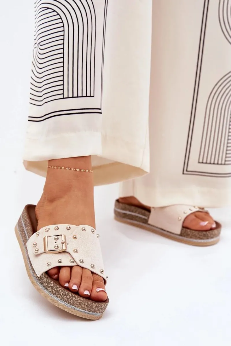 Online Boto Klapki Damskie Na Platformie Z Klamrą I Ćwiekami Beżowe Nusithia