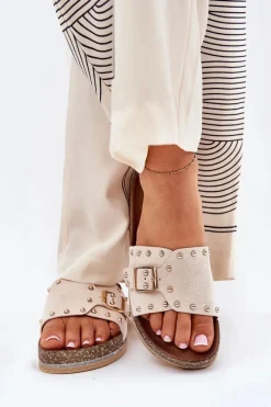 Online Boto Klapki Damskie Na Platformie Z Klamrą I Ćwiekami Beżowe Nusithia