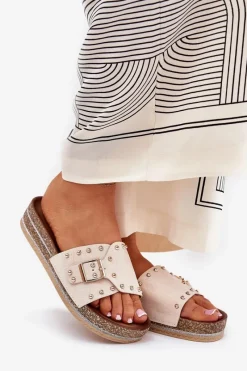 Online Boto Klapki Damskie Na Platformie Z Klamrą I Ćwiekami Beżowe Nusithia