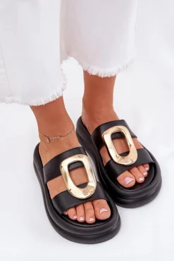 Hot Klapki Damskie Na Platformie Ze Złotym Detalem Czarne Ularinea Damskie Klapki Na Platformie|Klapki Damskie Klasyczne