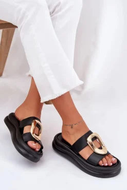 Hot Klapki Damskie Na Platformie Ze Złotym Detalem Czarne Ularinea Damskie Klapki Na Platformie|Klapki Damskie Klasyczne