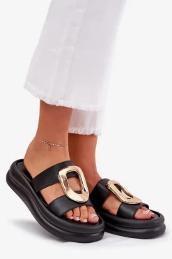 Hot Klapki Damskie Na Platformie Ze Złotym Detalem Czarne Ularinea Damskie Klapki Na Platformie|Klapki Damskie Klasyczne