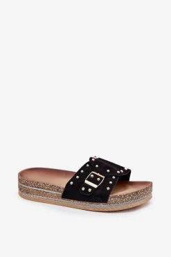 Hot Klapki Damskie Na Platformie Z Klamrą I Ćwiekami Czarne Nusithia Damskie Klapki Korkowe|Klapki Na Platformie