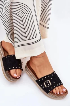 Hot Klapki Damskie Na Platformie Z Klamrą I Ćwiekami Czarne Nusithia Damskie Klapki Korkowe|Klapki Na Platformie