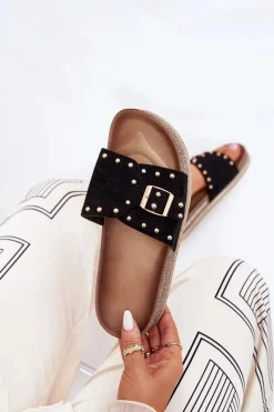 Hot Klapki Damskie Na Platformie Z Klamrą I Ćwiekami Czarne Nusithia Damskie Klapki Korkowe|Klapki Na Platformie