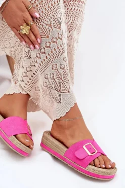 New Boto Klapki Damskie Na Platformie Ze Złotą Klamrą Fuksja Selira