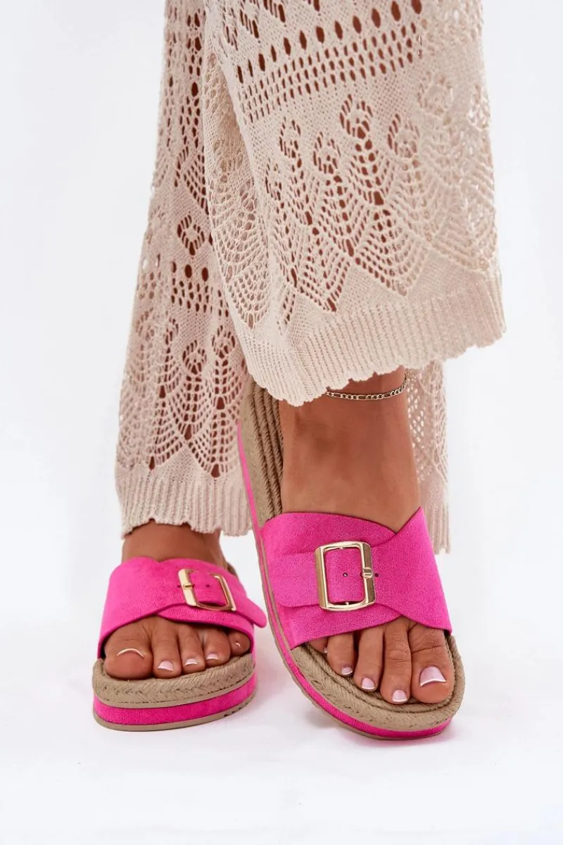 New Boto Klapki Damskie Na Platformie Ze Złotą Klamrą Fuksja Selira