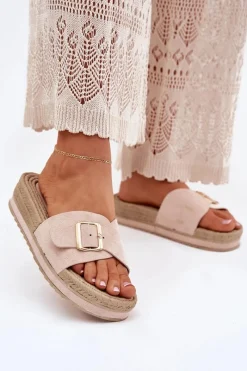 Klapki Na Platformie|Klapki Damskie Klasyczne>Boto Klapki Damskie Na Platformie Ze Złotą Klamrą Beżowe Selira