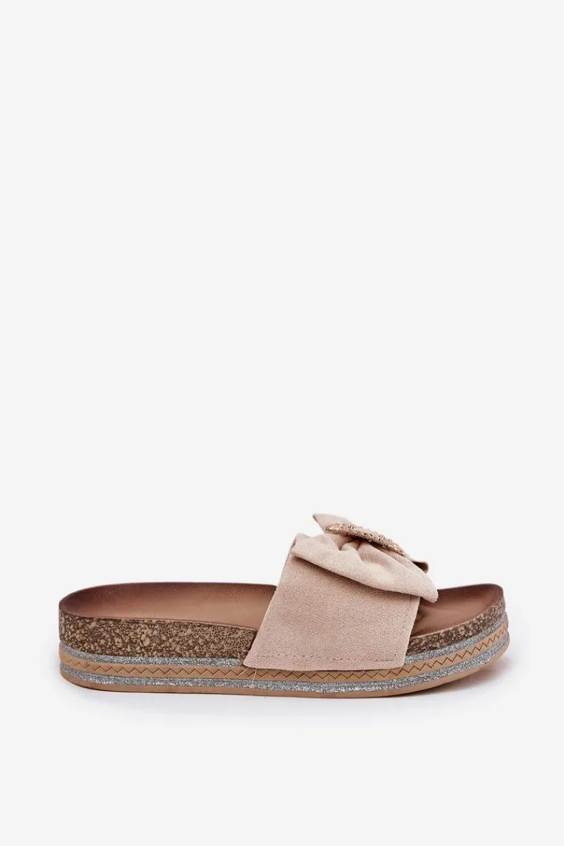 Klapki Korkowe|Klapki Na Platformie>Boto Klapki Damskie Na Platformie Z Kokardką I Ozdobną Broszką Beżowe Lenela