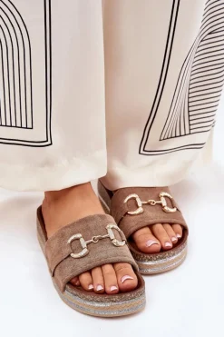 Online Boto Klapki Damskie Na Platformie Ze Złotą Ozdobą I Brokatem Khaki Morisela Beżowy