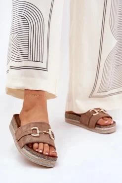 Online Boto Klapki Damskie Na Platformie Ze Złotą Ozdobą I Brokatem Khaki Morisela Beżowy