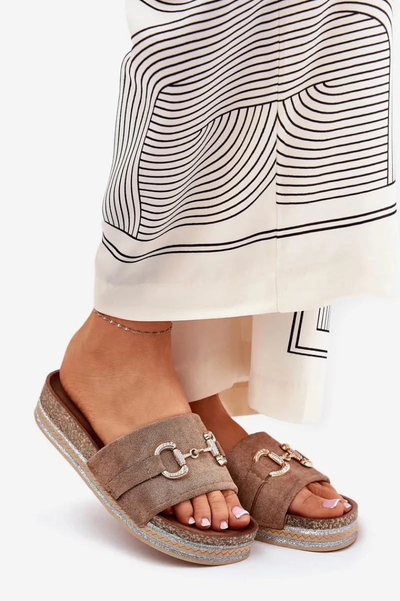 Online Boto Klapki Damskie Na Platformie Ze Złotą Ozdobą I Brokatem Khaki Morisela Beżowy