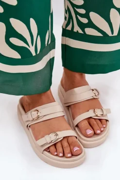 Discount Klapki Damskie Na Platformie Ze Złotymi Klamrami Beżowe Wernone Damskie Klapki Na Platformie|Klapki Damskie Klasyczne