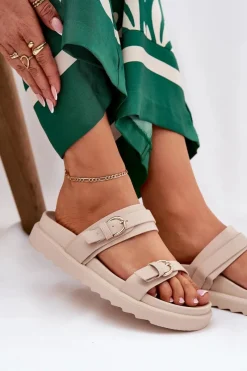 Discount Klapki Damskie Na Platformie Ze Złotymi Klamrami Beżowe Wernone Damskie Klapki Na Platformie|Klapki Damskie Klasyczne