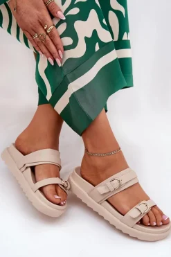 Discount Klapki Damskie Na Platformie Ze Złotymi Klamrami Beżowe Wernone Damskie Klapki Na Platformie|Klapki Damskie Klasyczne