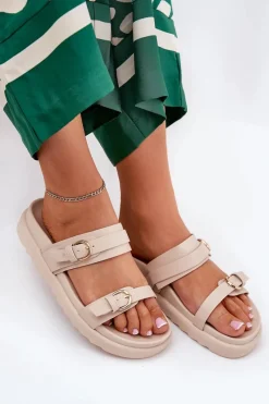 Discount Klapki Damskie Na Platformie Ze Złotymi Klamrami Beżowe Wernone Damskie Klapki Na Platformie|Klapki Damskie Klasyczne