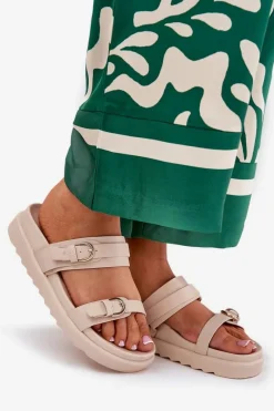 Discount Klapki Damskie Na Platformie Ze Złotymi Klamrami Beżowe Wernone Damskie Klapki Na Platformie|Klapki Damskie Klasyczne