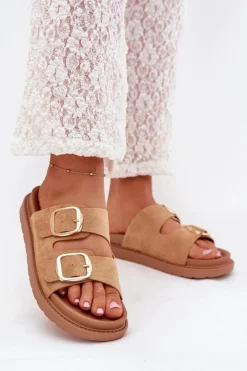 Klapki Na Platformie|Klapki Damskie Klasyczne>Boto Klapki Damskie Na Platformie Ze Złotymi Klamrami Camel Verena