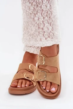 Klapki Na Platformie|Klapki Damskie Klasyczne>Boto Klapki Damskie Na Platformie Ze Złotymi Klamrami Camel Verena