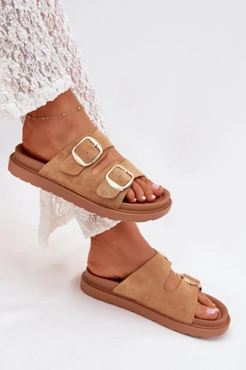 Klapki Na Platformie|Klapki Damskie Klasyczne>Boto Klapki Damskie Na Platformie Ze Złotymi Klamrami Camel Verena