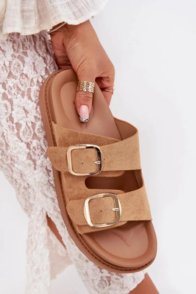 Klapki Na Platformie|Klapki Damskie Klasyczne>Boto Klapki Damskie Na Platformie Ze Złotymi Klamrami Camel Verena