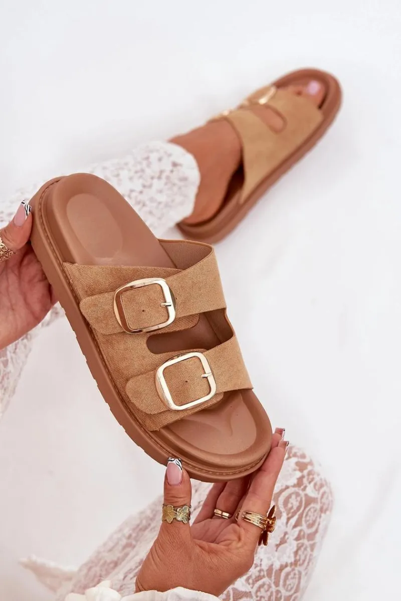 Klapki Na Platformie|Klapki Damskie Klasyczne>Boto Klapki Damskie Na Platformie Ze Złotymi Klamrami Camel Verena