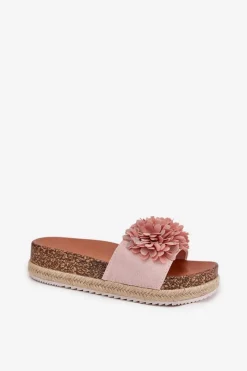 Outlet Boto Klapki Damskie Na Platformie Z Ozdobnymi Kwiatkami Różowe Tessara Różowy