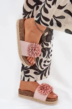 Outlet Boto Klapki Damskie Na Platformie Z Ozdobnymi Kwiatkami Różowe Tessara Różowy