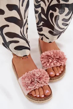 Outlet Boto Klapki Damskie Na Platformie Z Ozdobnymi Kwiatkami Różowe Tessara Różowy