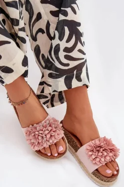 Outlet Boto Klapki Damskie Na Platformie Z Ozdobnymi Kwiatkami Różowe Tessara Różowy