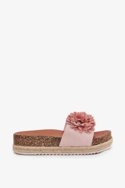 Outlet Boto Klapki Damskie Na Platformie Z Ozdobnymi Kwiatkami Różowe Tessara Różowy