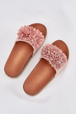 Outlet Boto Klapki Damskie Na Platformie Z Ozdobnymi Kwiatkami Różowe Tessara Różowy