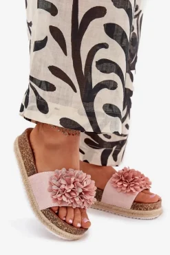 Outlet Boto Klapki Damskie Na Platformie Z Ozdobnymi Kwiatkami Różowe Tessara Różowy