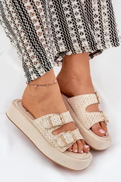 Klapki Na Platformie|Klapki Damskie Klasyczne>Boto Klapki Damskie Na Platformie Z Klamrami I Plecionką Beżowe Limme