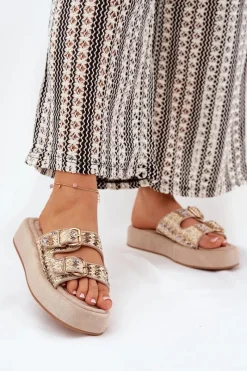 Klapki Na Platformie|Klapki Damskie Klasyczne>Boto Klapki Damskie Na Platformie Z Klamrami I Plecionką Khaki Limme Beżowy