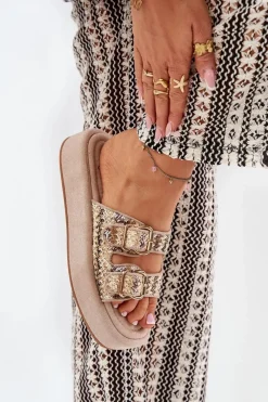 Klapki Na Platformie|Klapki Damskie Klasyczne>Boto Klapki Damskie Na Platformie Z Klamrami I Plecionką Khaki Limme Beżowy