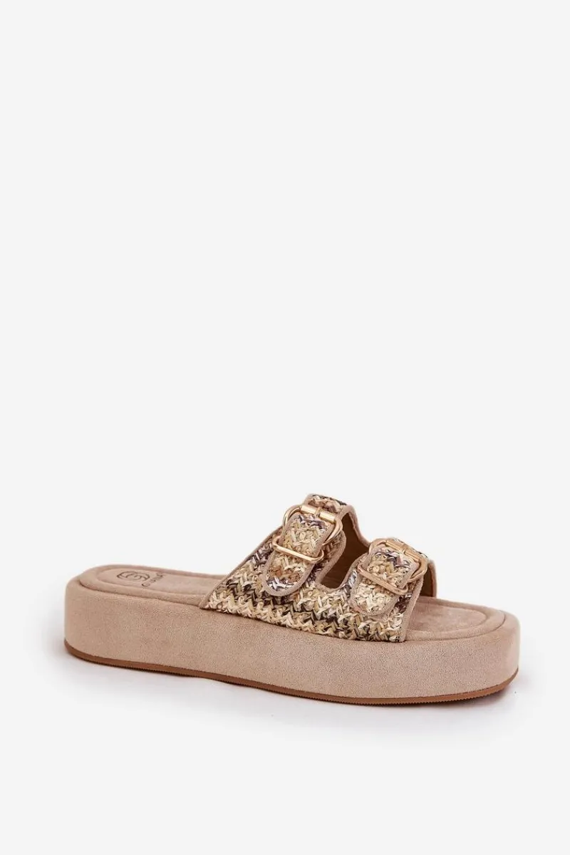 Klapki Na Platformie|Klapki Damskie Klasyczne>Boto Klapki Damskie Na Platformie Z Klamrami I Plecionką Khaki Limme Beżowy