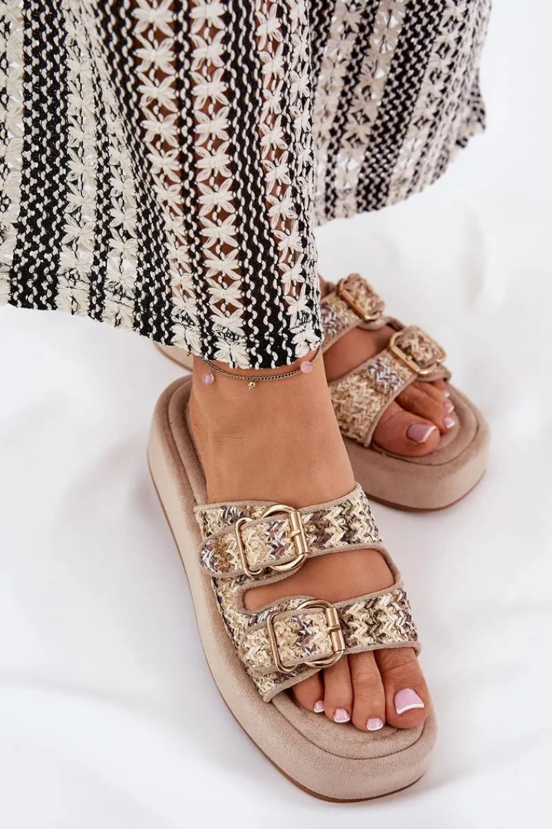 Klapki Na Platformie|Klapki Damskie Klasyczne>Boto Klapki Damskie Na Platformie Z Klamrami I Plecionką Khaki Limme Beżowy