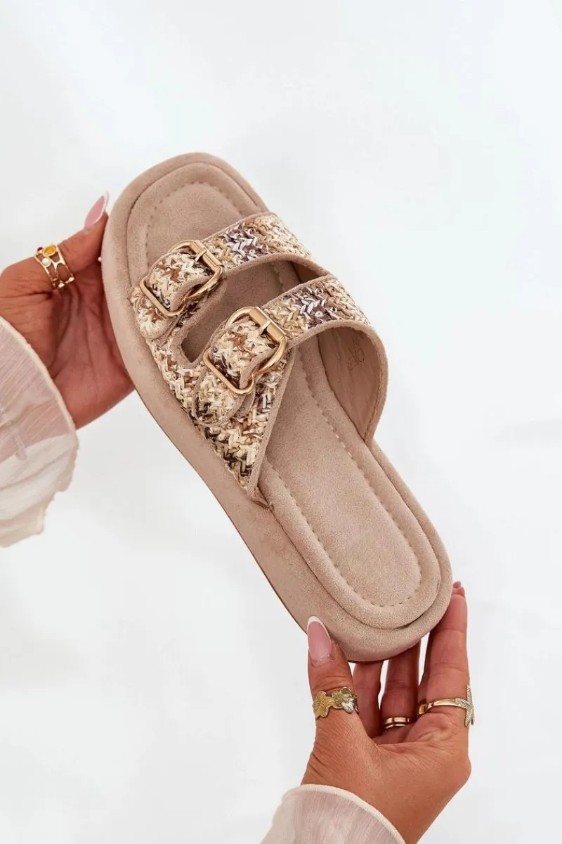 Klapki Na Platformie|Klapki Damskie Klasyczne>Boto Klapki Damskie Na Platformie Z Klamrami I Plecionką Khaki Limme Beżowy